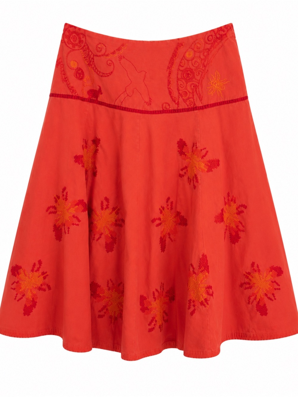 Oilily Coral A-Line Midi Skirt | Whimsical Embroidery Sz 40 (8)